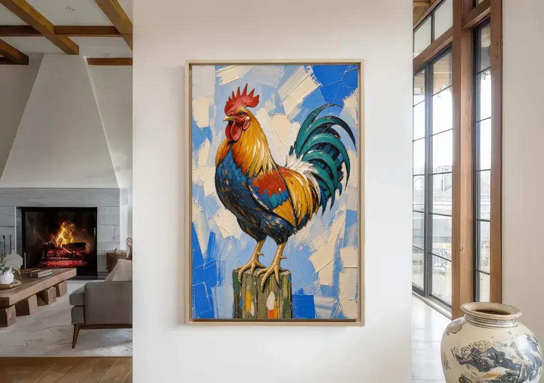 Proud Farmhouse Rooster on a Fence Post canvas wall art in a living room with a fireplace