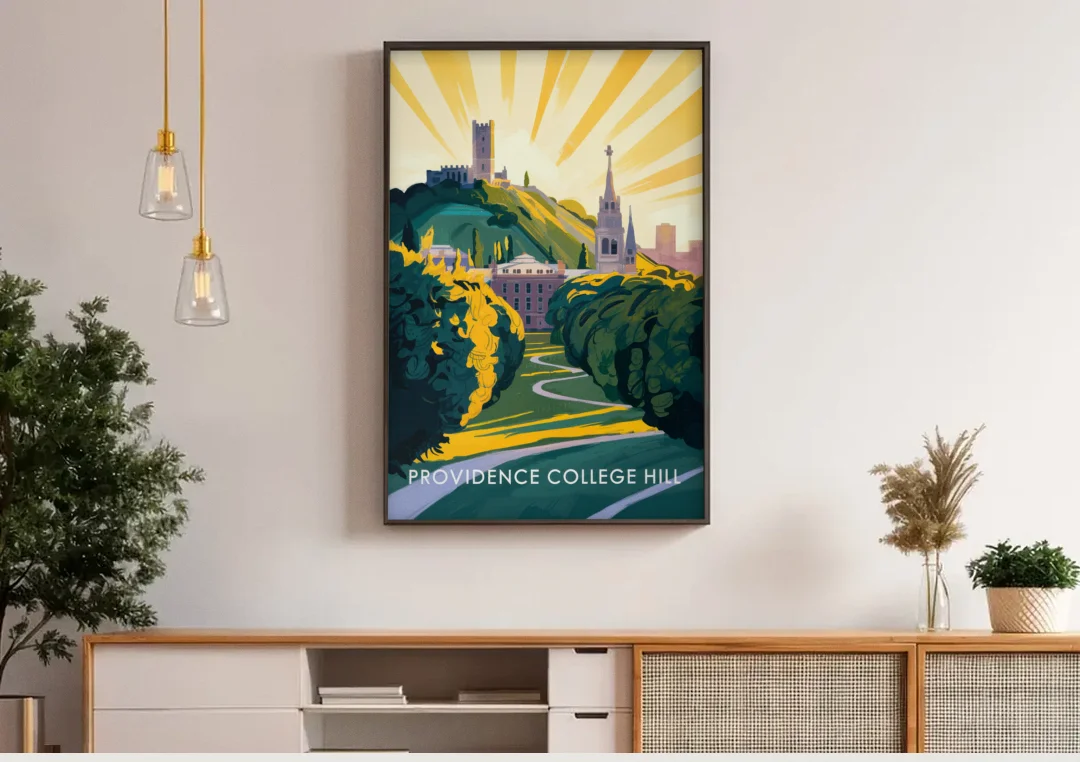 Providence College Hill View canvas wall art above a wooden sideboard under pendant lights