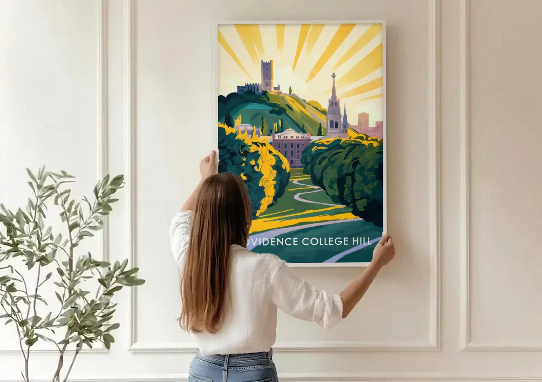 Providence College Hill View canvas wall art being hung on a paneled wall
