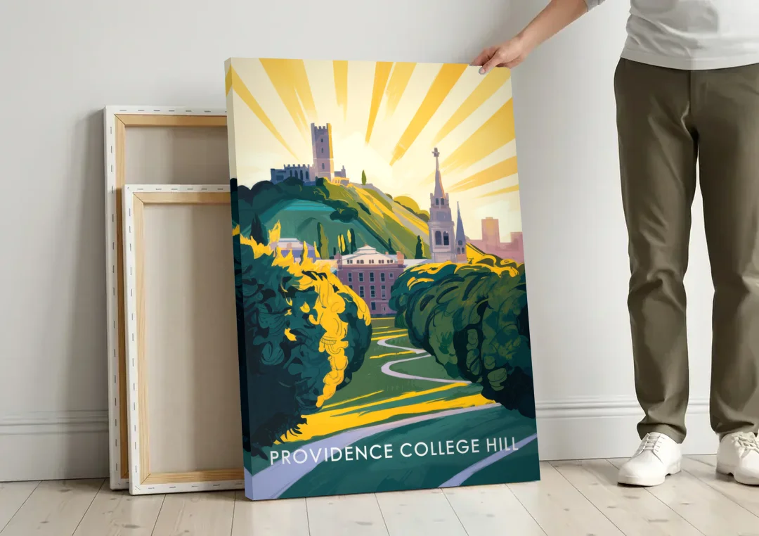 Providence College Hill View canvas wall art leaning against a wall next to blank canvases