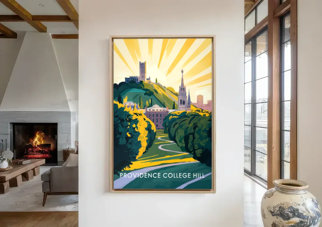 Providence College Hill View canvas wall art in a living room with a fireplace