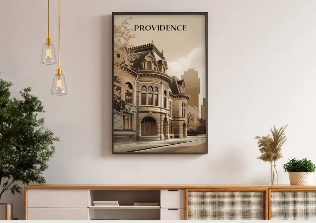 Providence Historic Architecture canvas wall art above a wooden sideboard under pendant lights