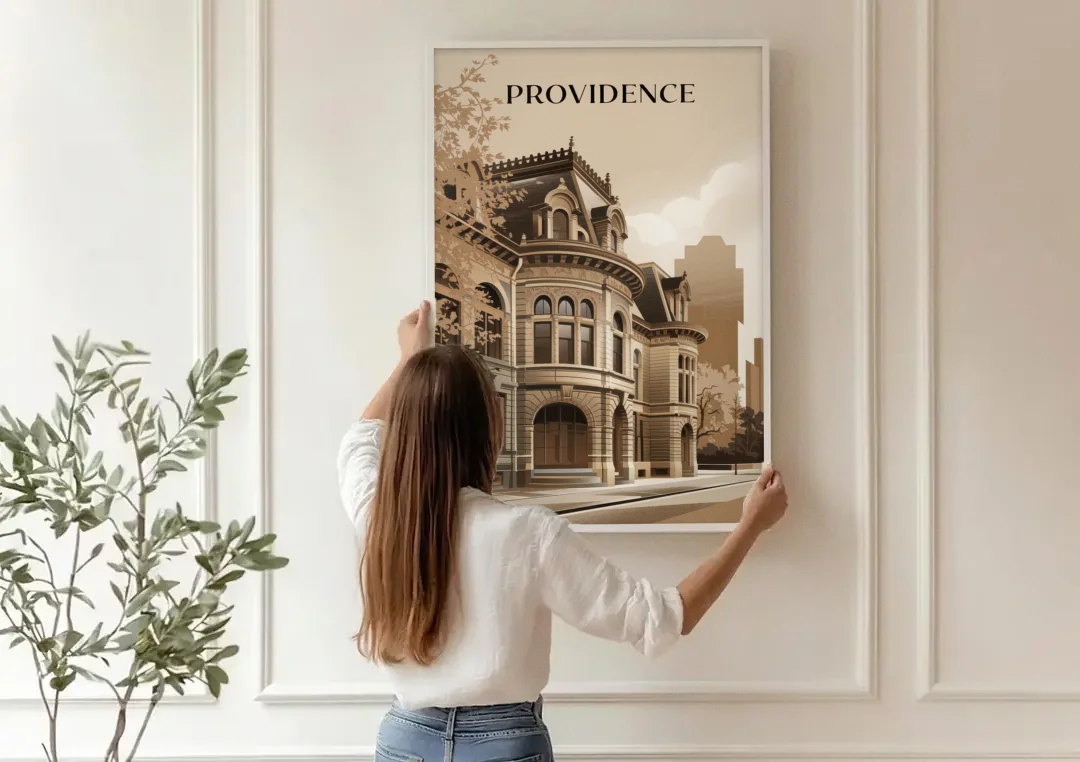 Providence Historic Architecture canvas wall art being hung on a paneled wall