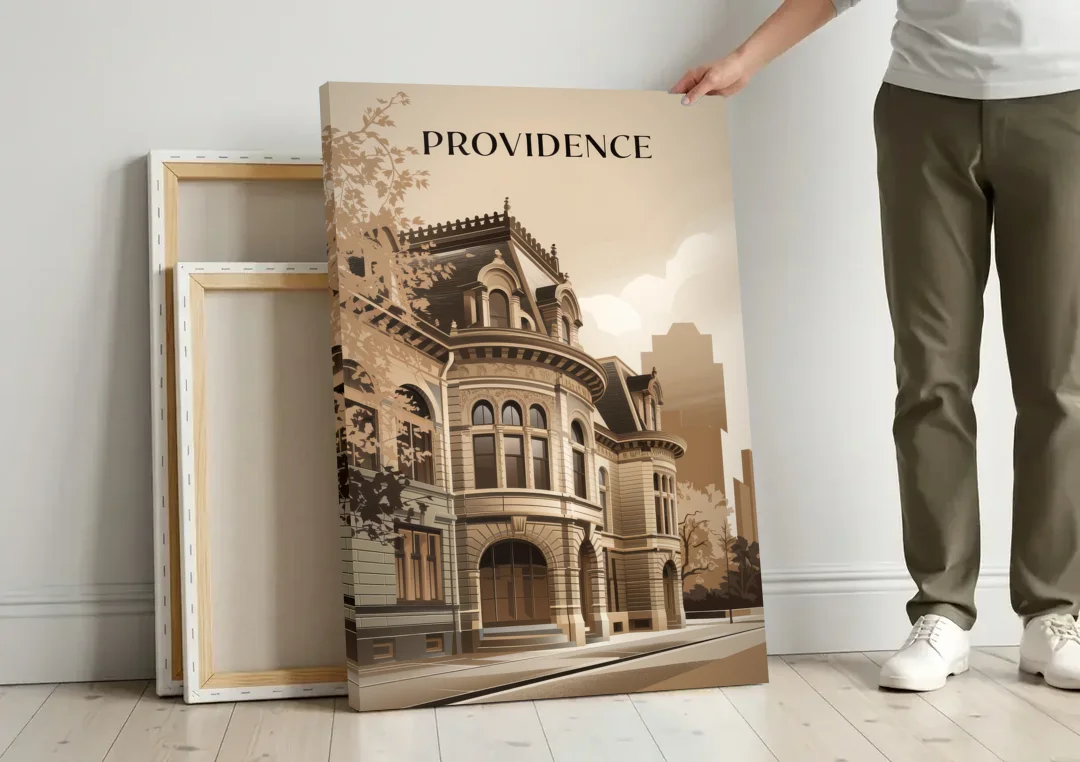 Providence Historic Architecture canvas wall art leaning against a wall next to blank canvases