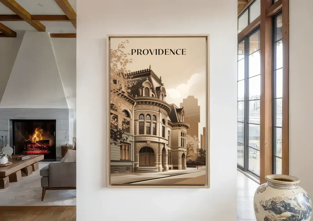 Providence Historic Architecture canvas wall art in a living room with a fireplace