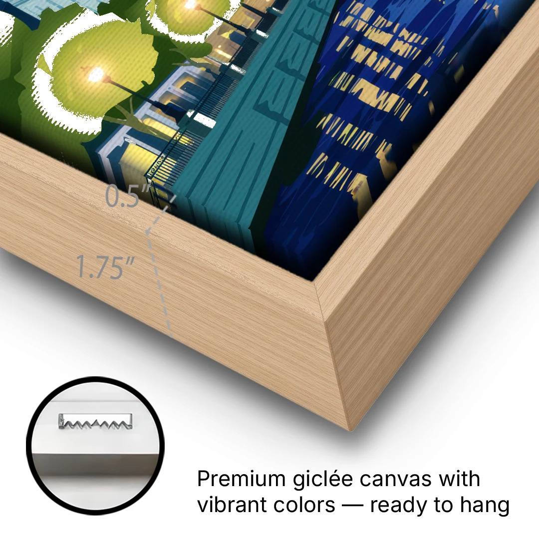Providence Night Lights - Oak Framed Canvas Wall Art - Gallery Wrap Corner