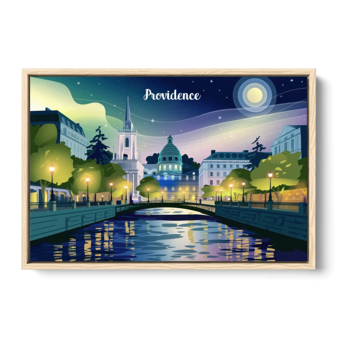 Providence Night Lights - Oak Framed Canvas Wall Art - Front