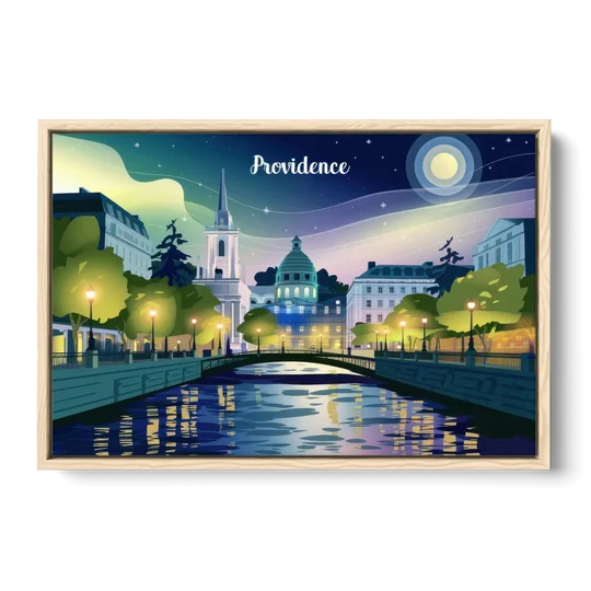 Providence Night Lights - Oak Framed Canvas Wall Art - Front