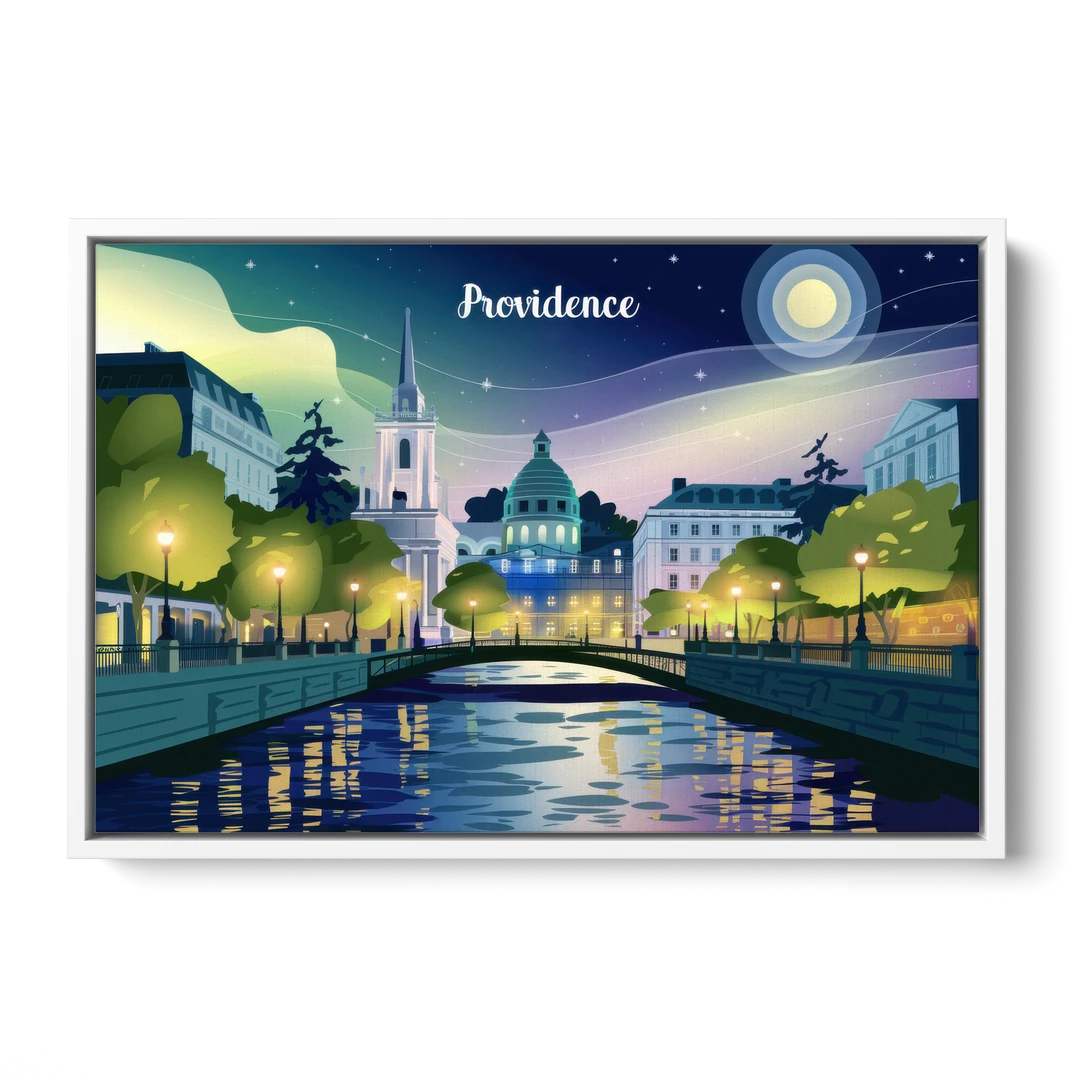 Providence Night Lights - White Framed Canvas Wall Art - Front