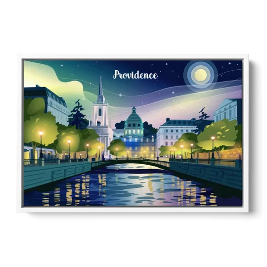 Providence Night Lights - White Framed Canvas Wall Art - Front