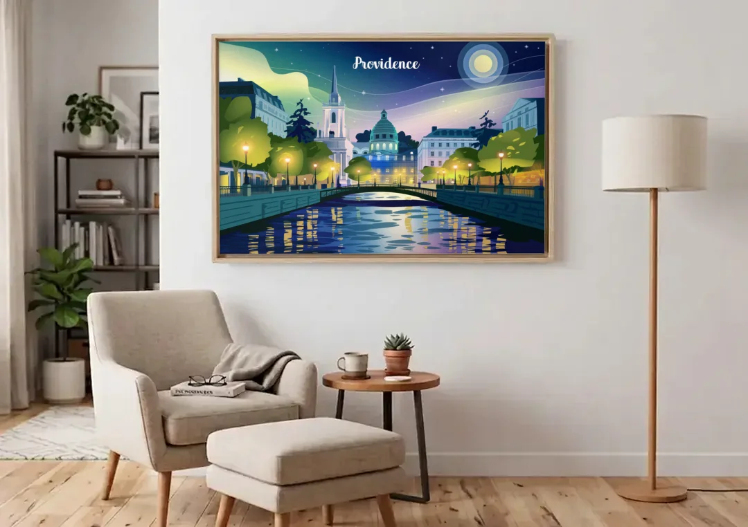 Providence Night Lights canvas wall art above an armchair in a bright living room