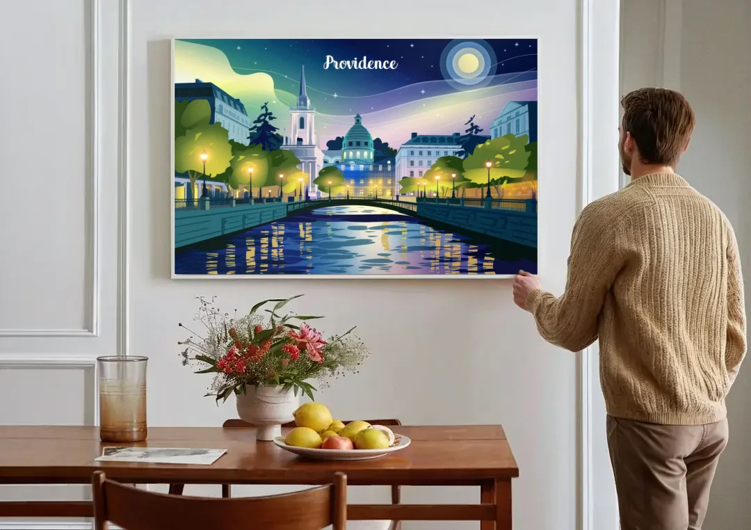 Providence Night Lights canvas wall art above a dining table