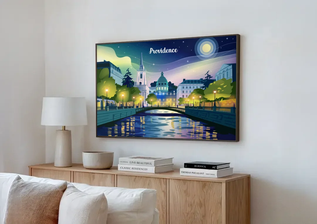 Providence Night Lights canvas wall art above a wooden sideboard next to a sofa