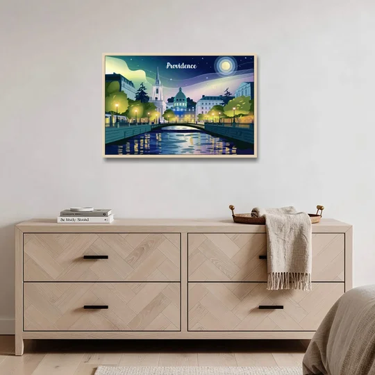 Providence Night Lights - Oak Framed Canvas Wall Art - Coffee Table - 36x24
