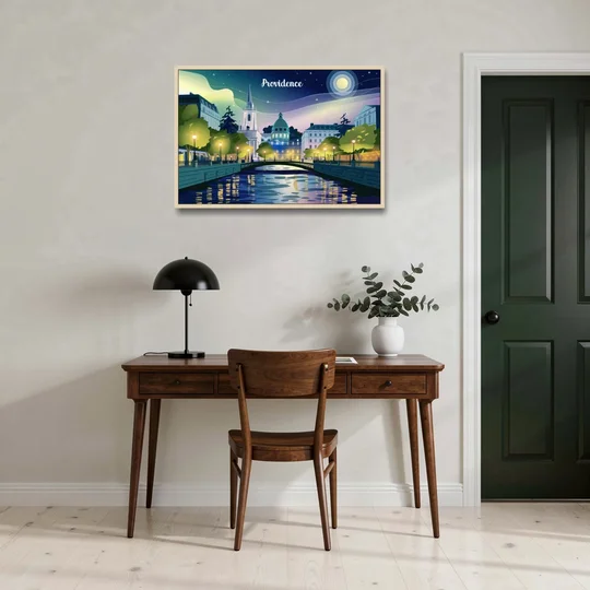 Providence Night Lights - Oak Framed Canvas Wall Art - Office - 36x24