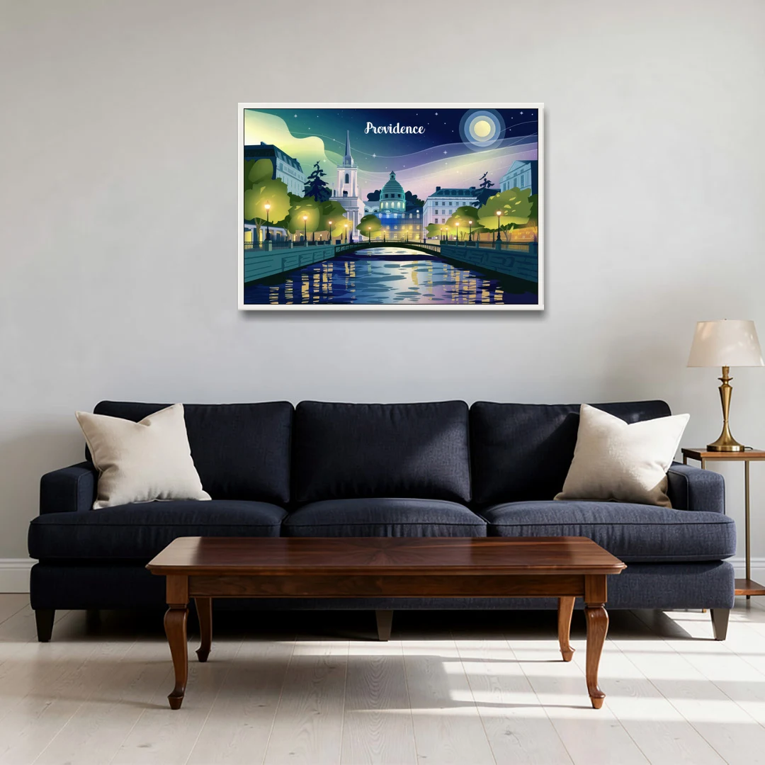 Providence Night Lights - White Framed Canvas Wall Art - Sofa - 36x24