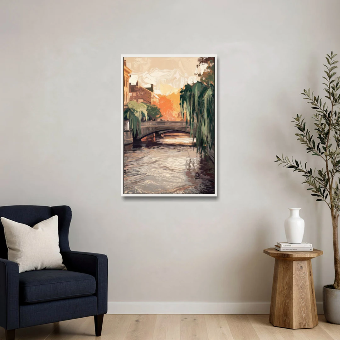 Providence Riverwalk Scene - White Framed Canvas Wall Art - Sofa - 24x36