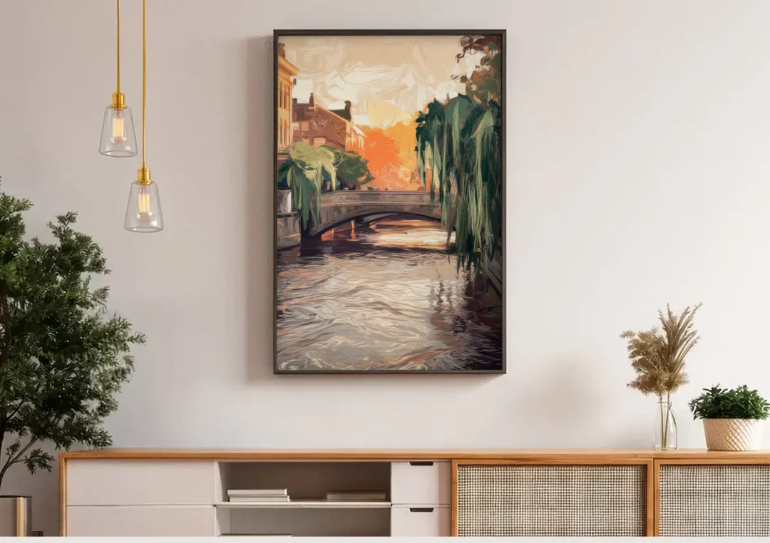 Providence Riverwalk Scene canvas wall art above a wooden sideboard under pendant lights