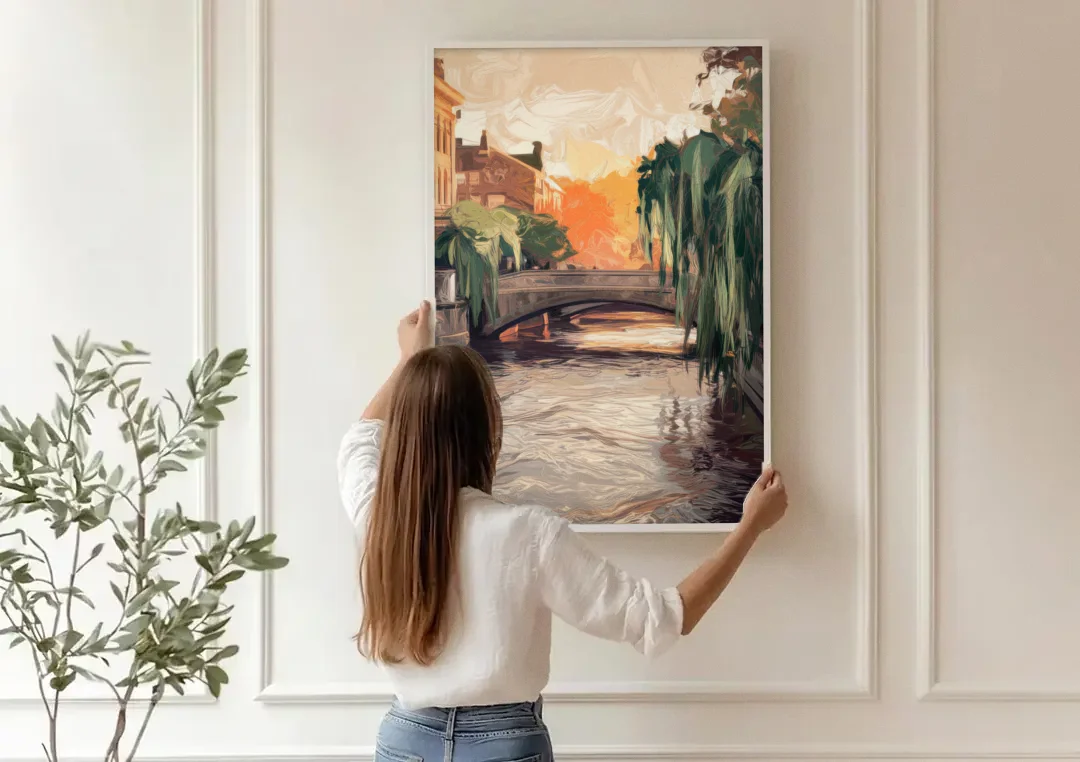 Providence Riverwalk Scene canvas wall art being hung on a paneled wall