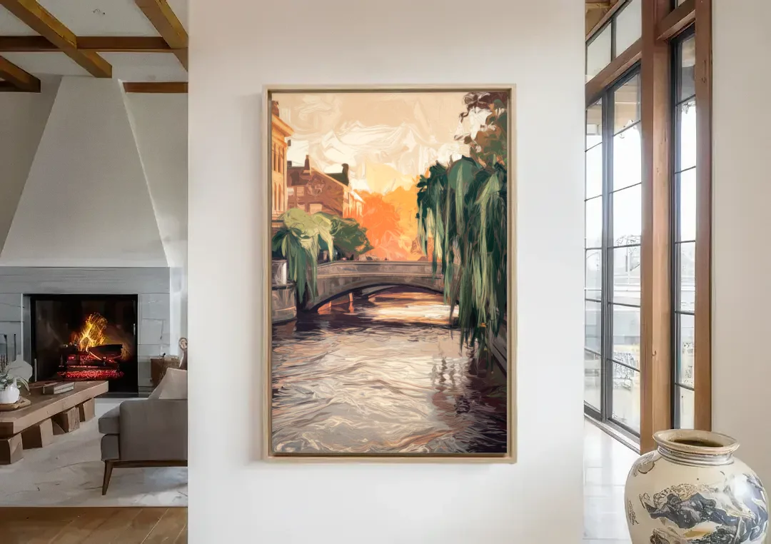Providence Riverwalk Scene canvas wall art in a living room with a fireplace