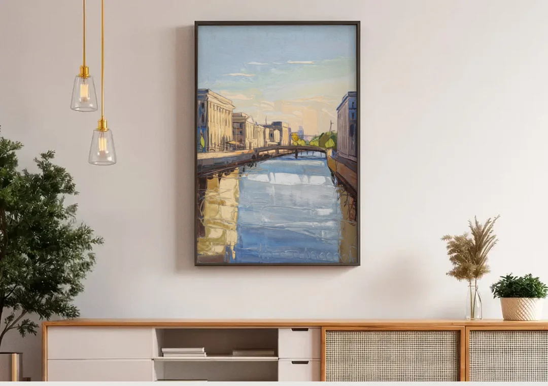 Providence Urban Landscape canvas wall art above a wooden sideboard under pendant lights