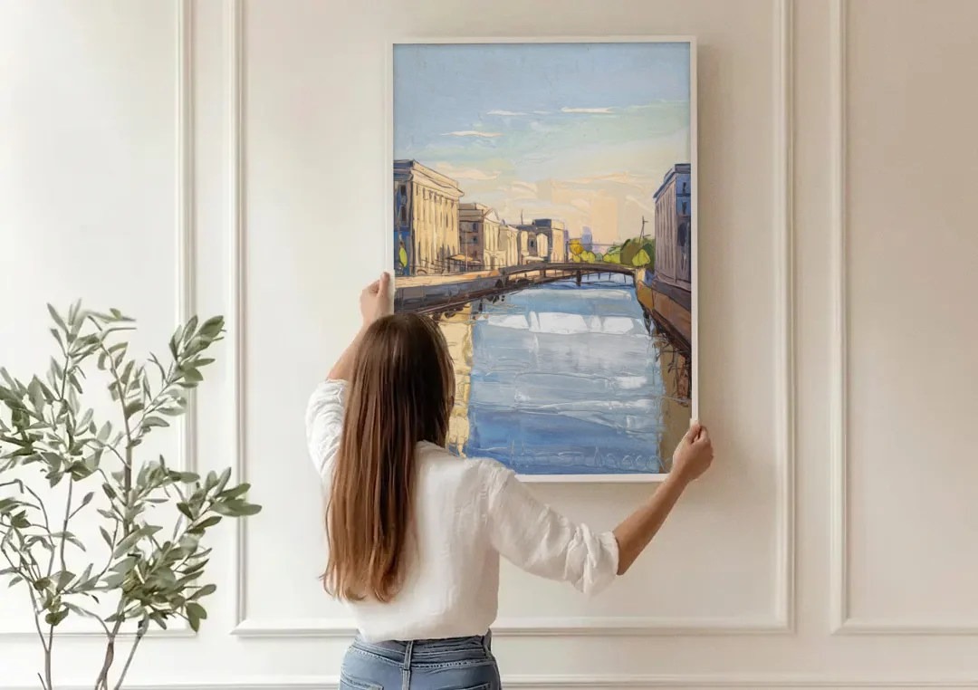 Providence Urban Landscape canvas wall art being hung on a paneled wall