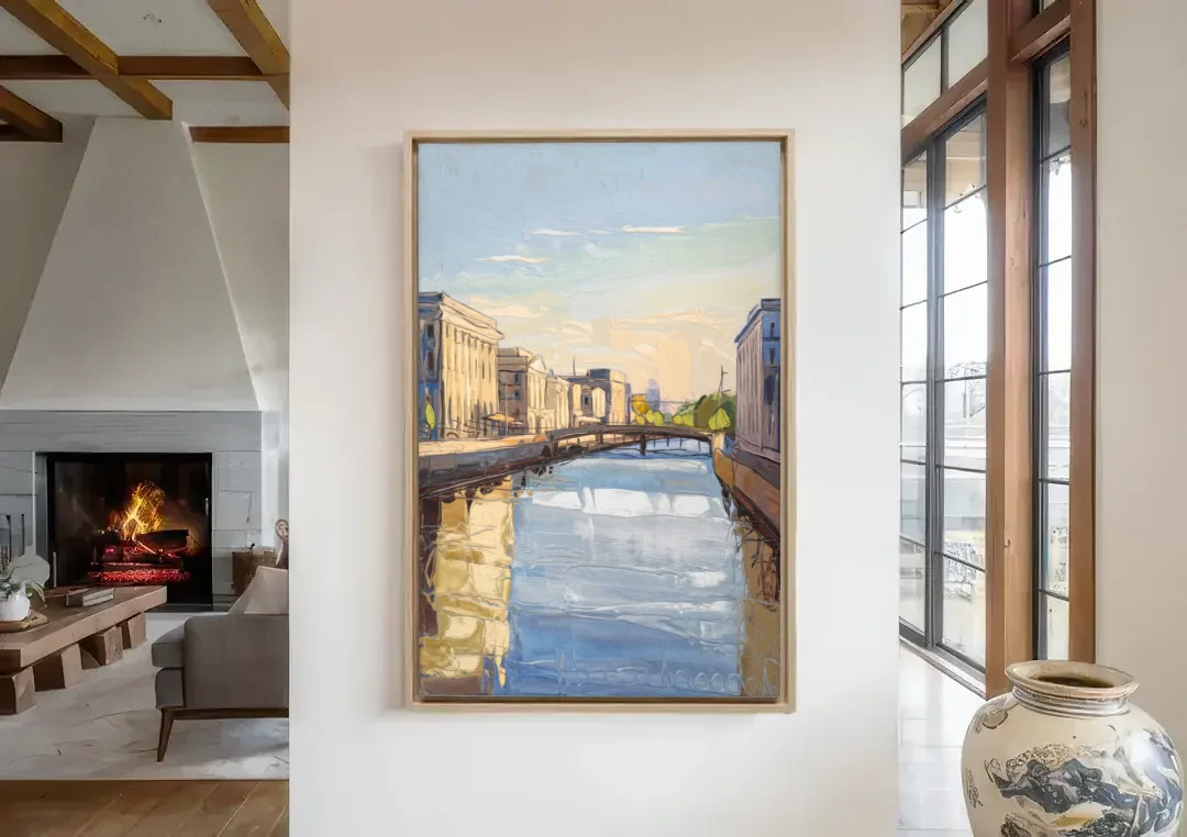Providence Urban Landscape canvas wall art in a living room with a fireplace