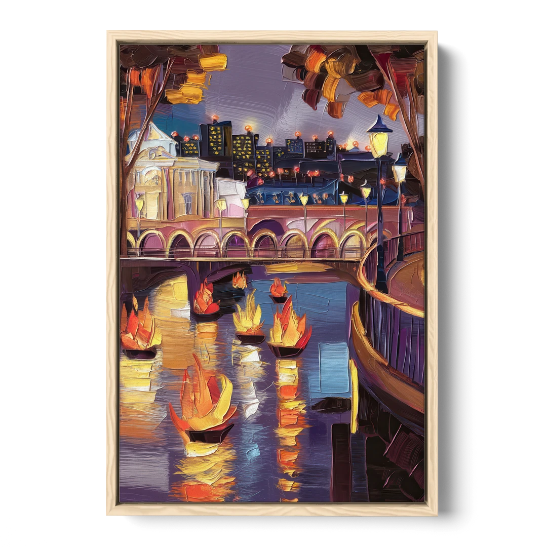 Providence Waterfire Glow - Oak Framed Canvas Wall Art - Front