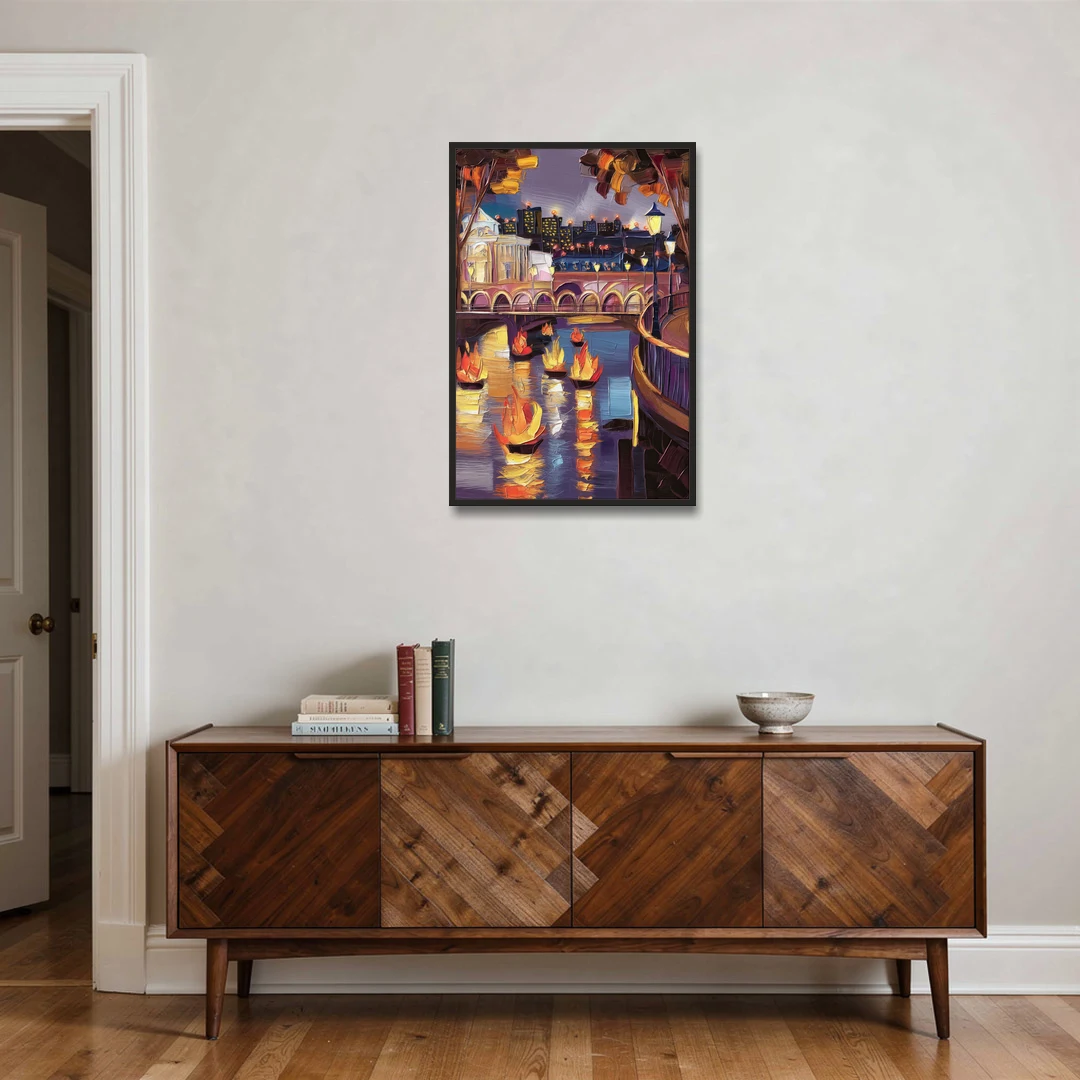 Providence Waterfire Glow - Black Framed Canvas Wall Art - Coffee Table - 24x36