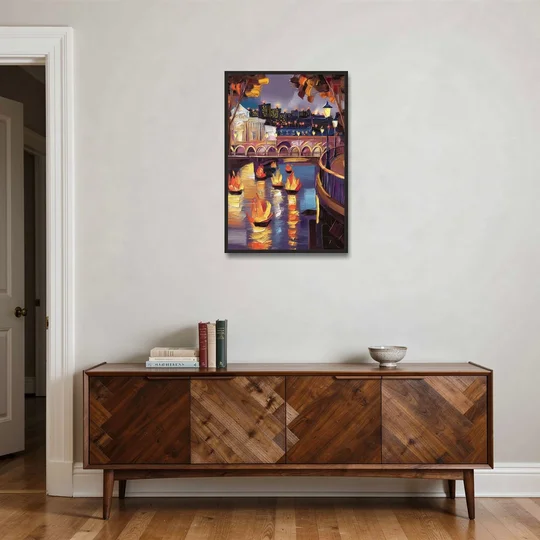 Providence Waterfire Glow - Black Framed Canvas Wall Art - Coffee Table - 24x36