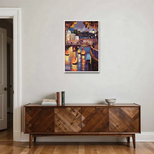 Providence Waterfire Glow - White Framed Canvas Wall Art - Coffee Table - 24x36