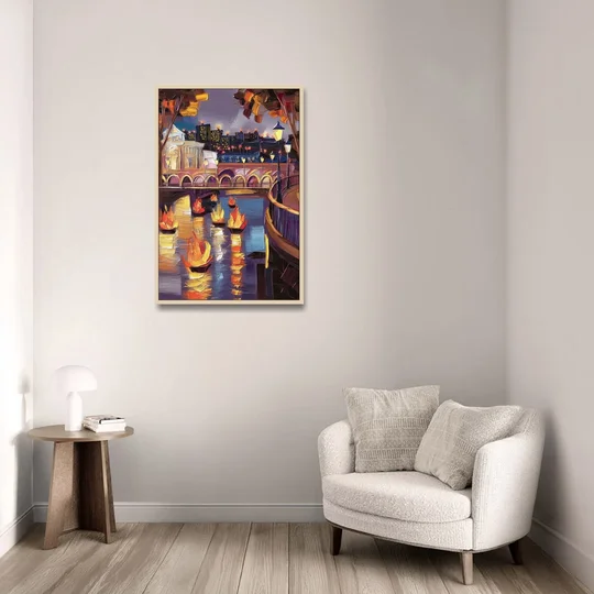Providence Waterfire Glow - Oak Framed Canvas Wall Art - Sofa - 24x36