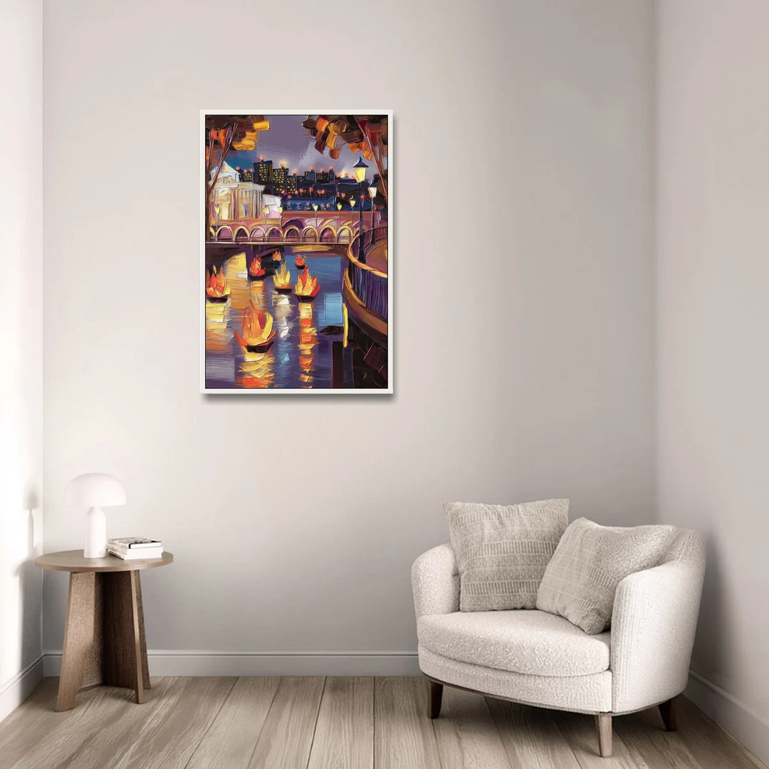 Providence Waterfire Glow - White Framed Canvas Wall Art - Sofa - 24x36