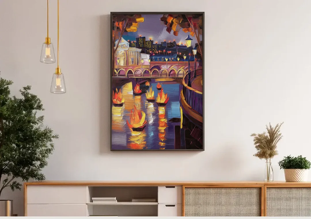 Providence Waterfire Glow canvas wall art above a wooden sideboard under pendant lights