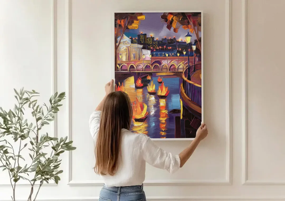 Providence Waterfire Glow canvas wall art being hung on a paneled wall