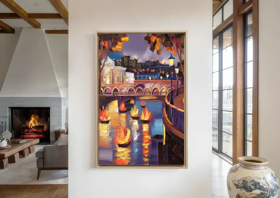 Providence Waterfire Glow canvas wall art in a living room with a fireplace