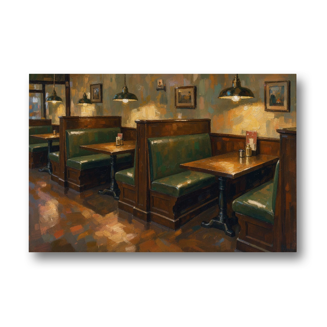 Pub Decor Green Leather Booths Under Brass Lamps - Canvas Wall Art - Front