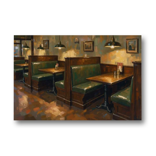 Pub Decor Green Leather Booths Under Brass Lamps - Canvas Wall Art - Front