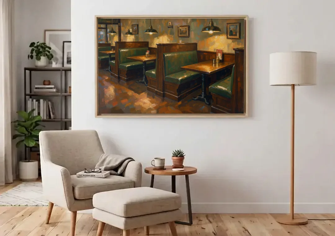 Pub Decor Green Leather Booths Under Brass Lamps canvas wall art above an armchair in a bright living room