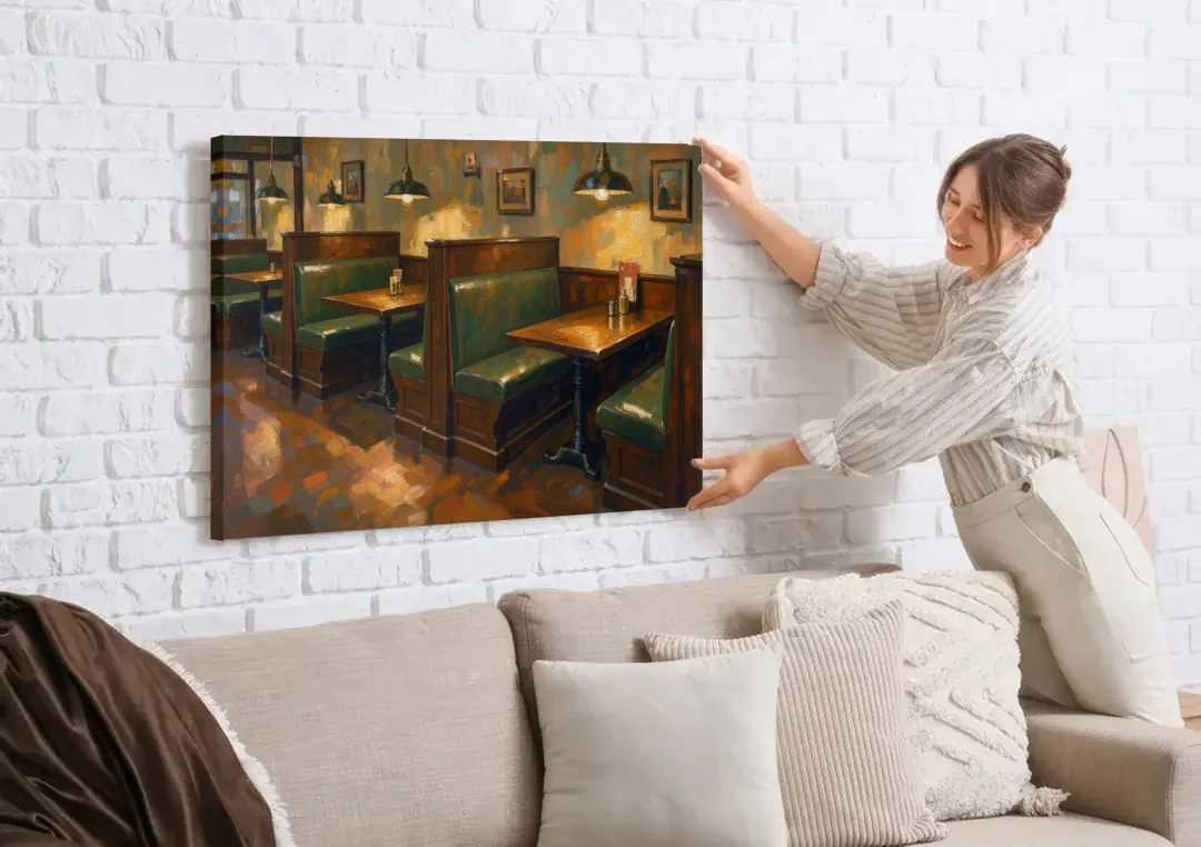 Pub Decor Green Leather Booths Under Brass Lamps canvas wall art being hung on a white brick wall above a sofa