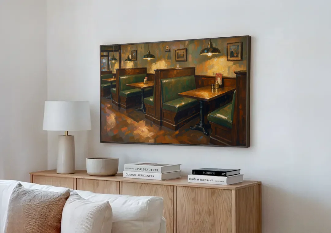 Pub Decor Green Leather Booths Under Brass Lamps canvas wall art above a wooden sideboard next to a sofa