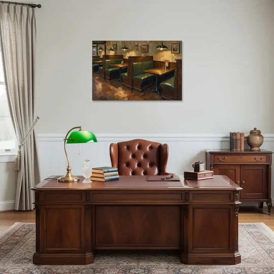 Pub Decor Green Leather Booths Under Brass Lamps - Canvas Wall Art - Office - 36x24