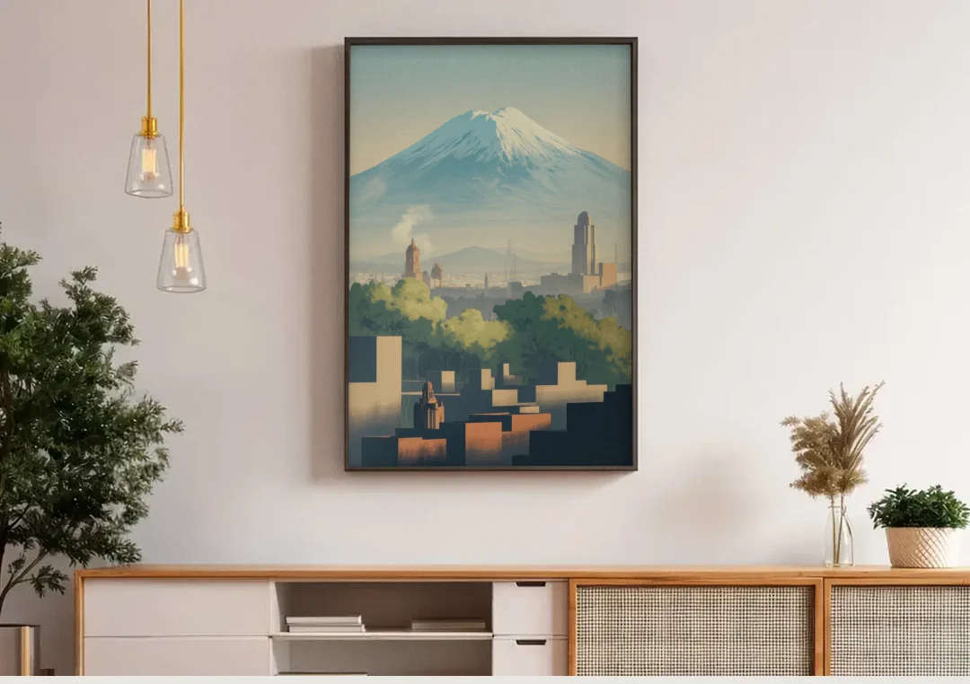 Puebla Volcano Skyline canvas wall art above a wooden sideboard under pendant lights