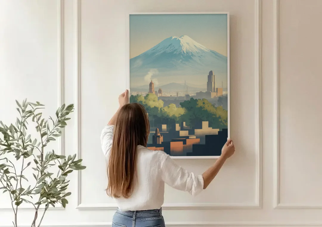 Puebla Volcano Skyline canvas wall art being hung on a paneled wall