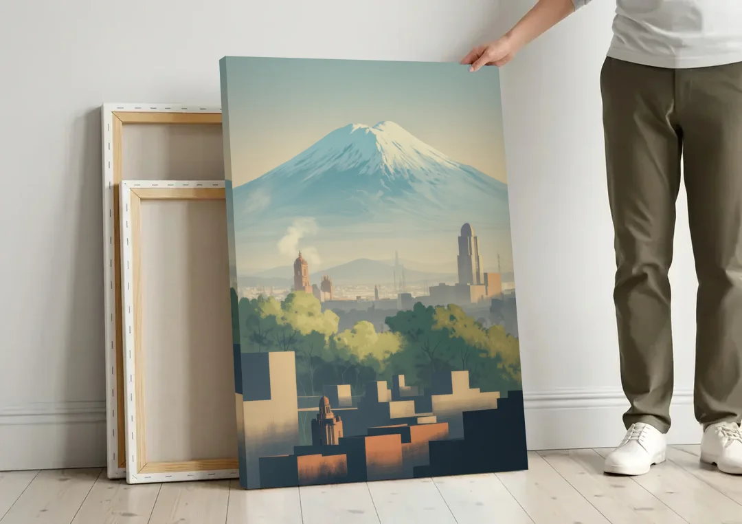 Puebla Volcano Skyline canvas wall art leaning against a wall next to blank canvases