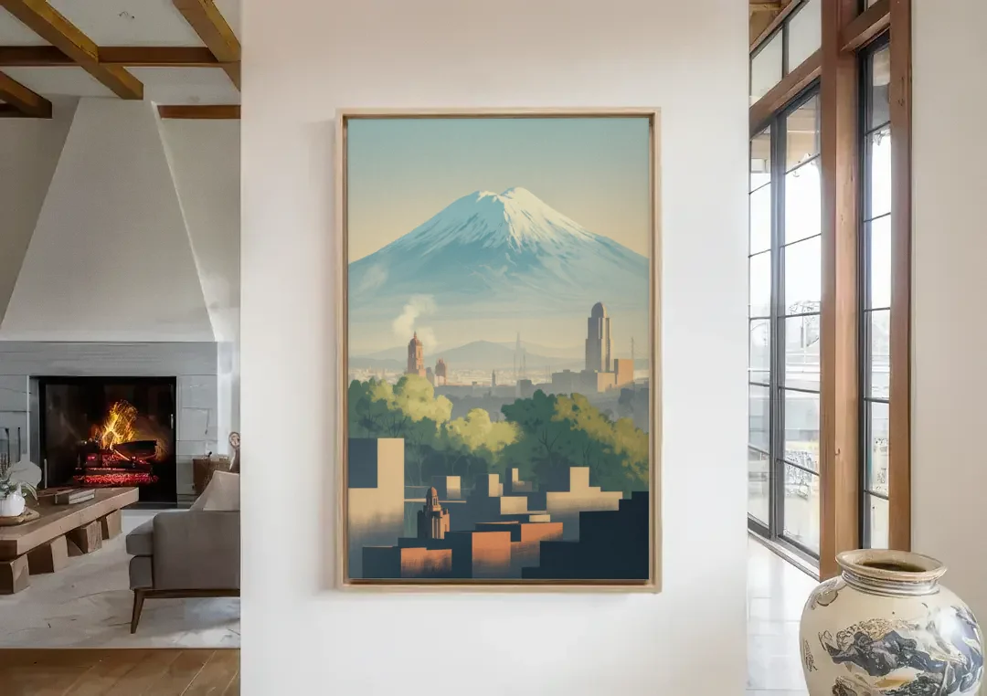 Puebla Volcano Skyline canvas wall art in a living room with a fireplace