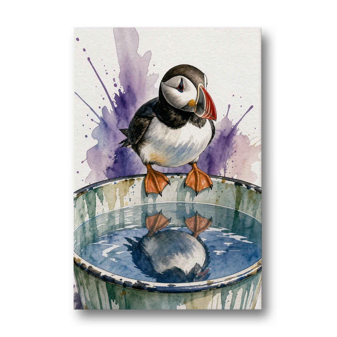Puffin Admires Its Reflection in the Washtub - Canvas Wall Art - Front