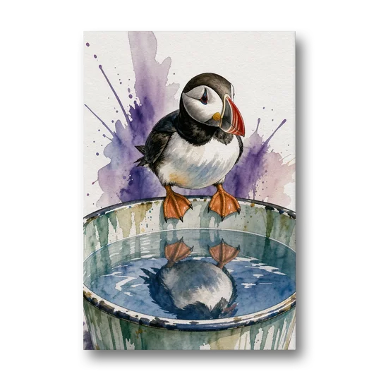 Puffin Admires Its Reflection in the Washtub - Canvas Wall Art - Front