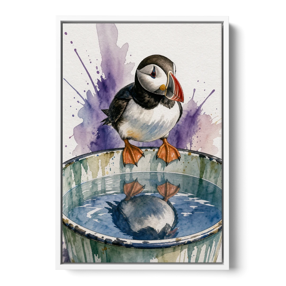 Puffin Admires Its Reflection in the Washtub - White Framed Canvas Wall Art - Front