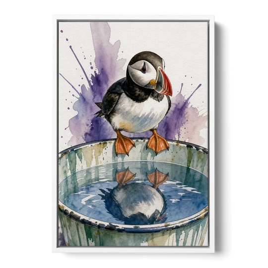 Puffin Admires Its Reflection in the Washtub - White Framed Canvas Wall Art - Front